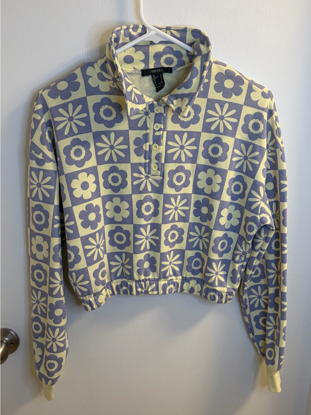 Forever 21 Floral Checkerboard Cropped Polo Sweatshirt S Retro Y2K 70s